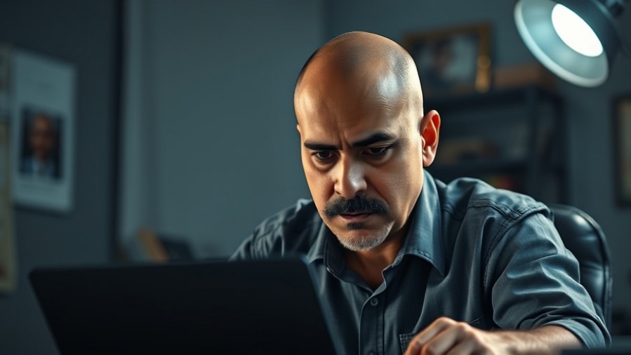 Bald middle-aged Indian man focused on lifelong learning in a dark home office.