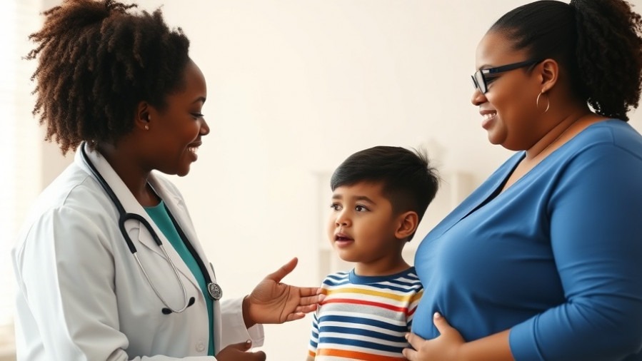 Black female pediatrician discusses child health with Hispanic boy and mother.