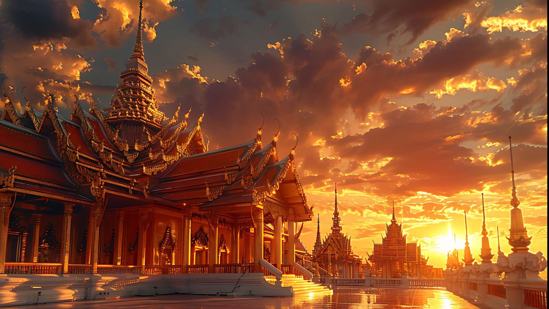 historic cultural heritage, in front of ancient temples at sunset, shot with a wide-angle lens.