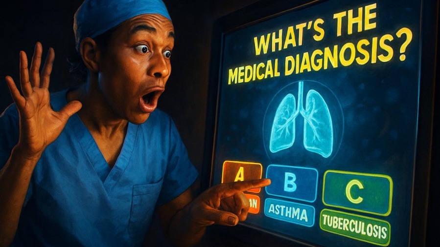 Surprised medical professional in scrubs engaging with 'What's the Medical Diagnosis?' game, showcasing accurate diagnosis.