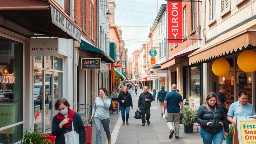 Closeup of a vibrant small business district, lively with owners and customers.