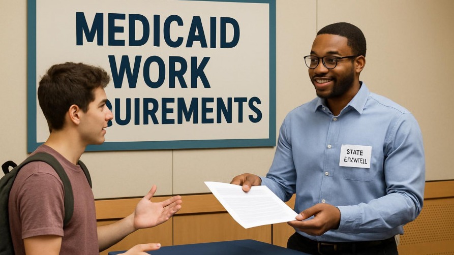 Young male navigating Medicaid work requirements with a state worker.