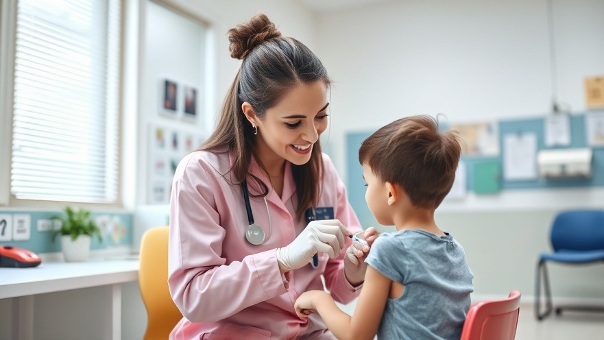 Nurse administering vaccination to child in school nurse office, promoting health trends.