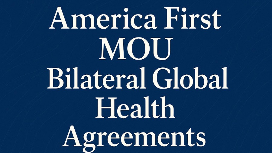 Bold graphic of 'America First MOU' on blue, highlighting health trends and wellness initiatives.