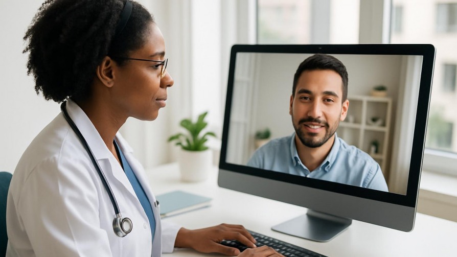 Black female doctor using telehealth to treat Hispanic male patient, showcasing healthcare careers.