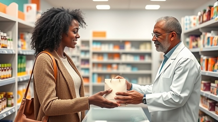 Young black woman receiving convenient contraception from pharmacist in bright pharmacy.