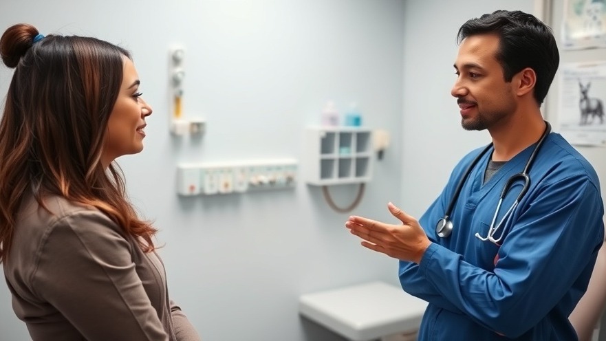 Middle-aged Hispanic female discussing psoriasis treatment in a doctor's office.