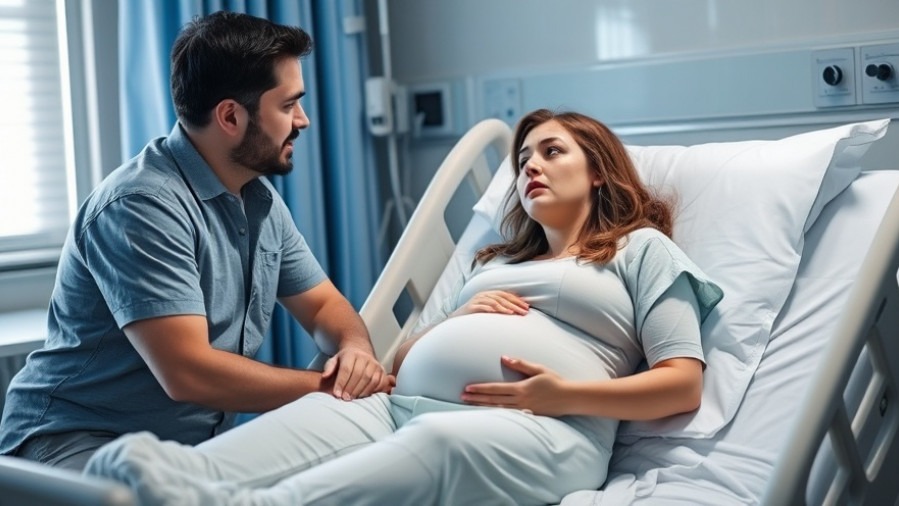 Pregnant woman in hospital bed distressed, discussing reproductive rights with husband.
