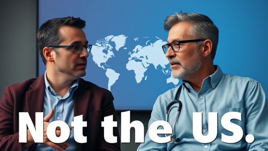 Engaging discussion on healthcare models with a world map and stethoscope graphic.