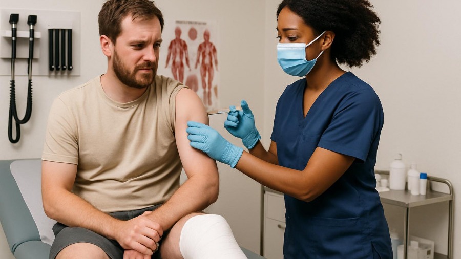 Man receiving vaccination importance for tetanus from a nurse, showcasing health statistics.