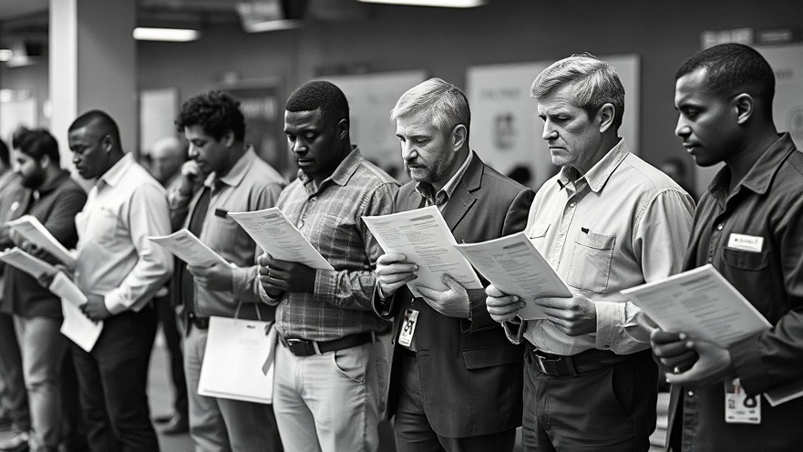 Men in line for work, holding papers amidst health and wellness changes.