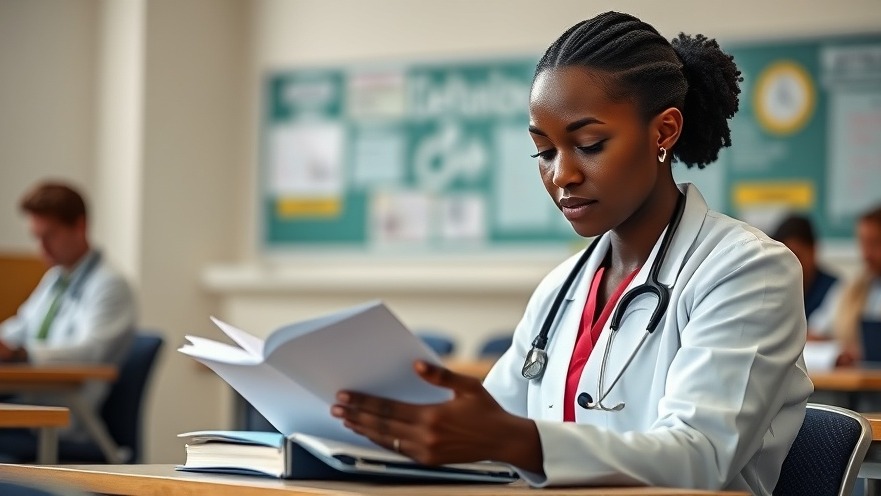 Black female med student studying Health Care Economics in a classroom, showcasing medical education.