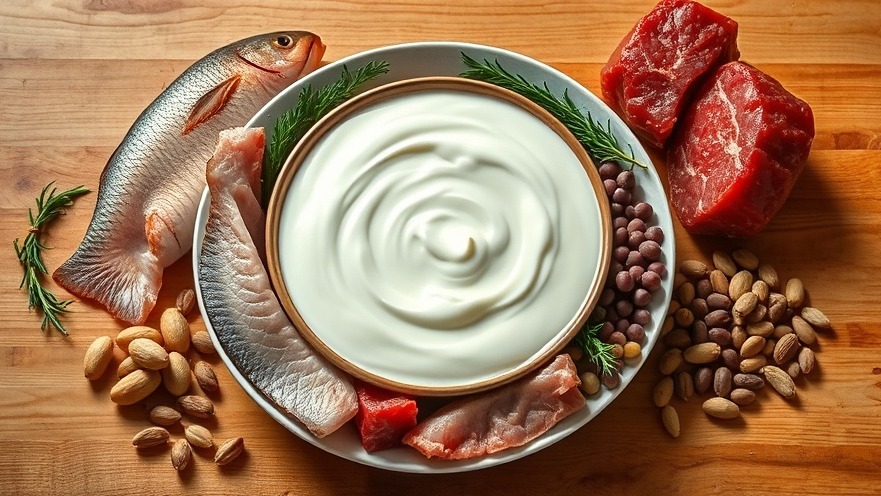 Bowl of yogurt surrounded by fish, beef, legumes, and nuts highlighting health trends.