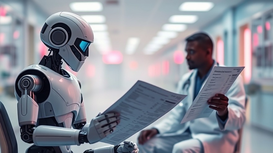 Robot assisting a black doctor with predictive analytics in healthcare technology.