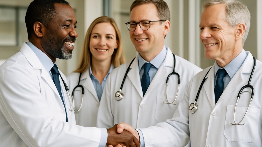 Diverse doctors shaking hands, showcasing healthcare trends in patient care.