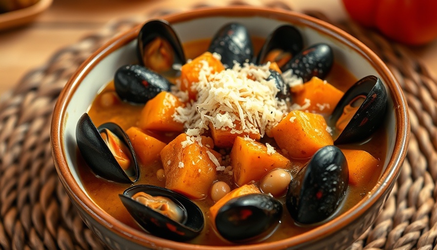 Rustic mussel, bean, and pumpkin stew in a ceramic bowl with cheese.