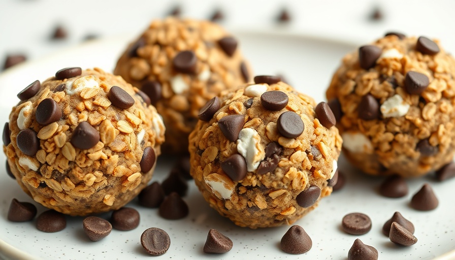 Healthy S'mores Protein Balls on a white plate with chocolate chips.
