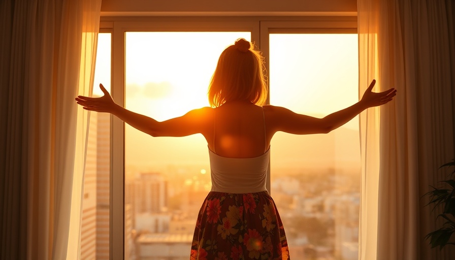 Young woman in colorful skirt opening curtains to sunrise cityscape.