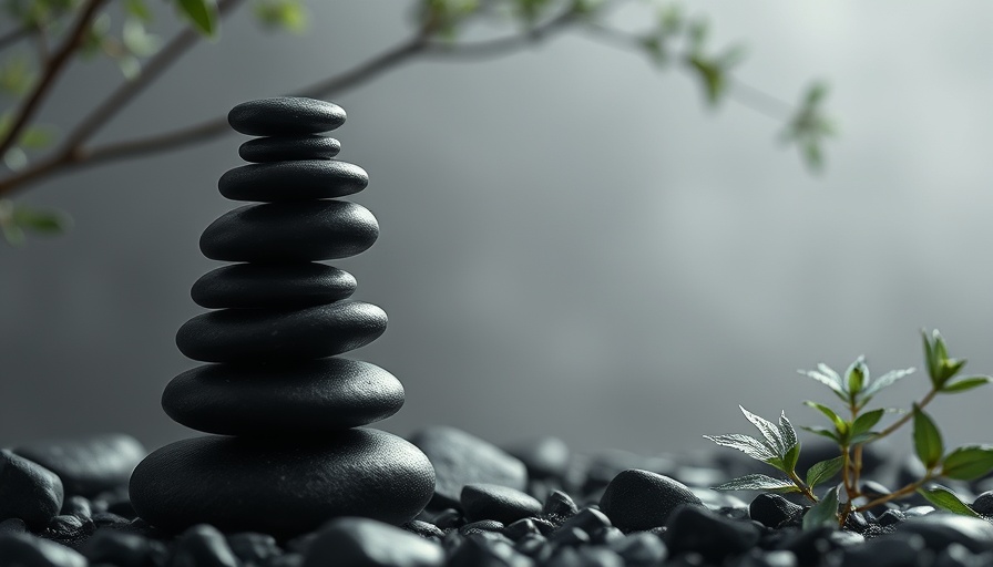 Zen garden with stacked stones and leaves, symbolizing calmness.