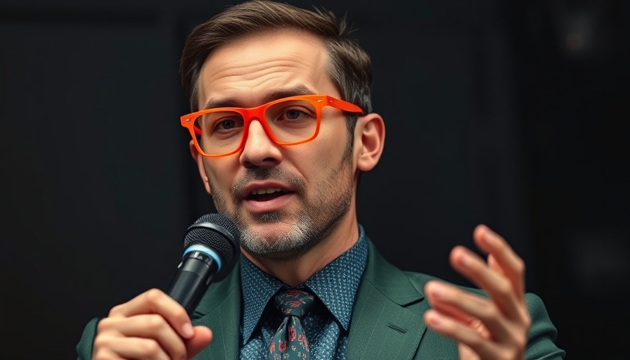Man in orange glasses talks into microphone about good divorce tips.
