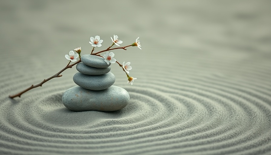 Zen garden with balanced stones and flowers, conveying calm ambiance.