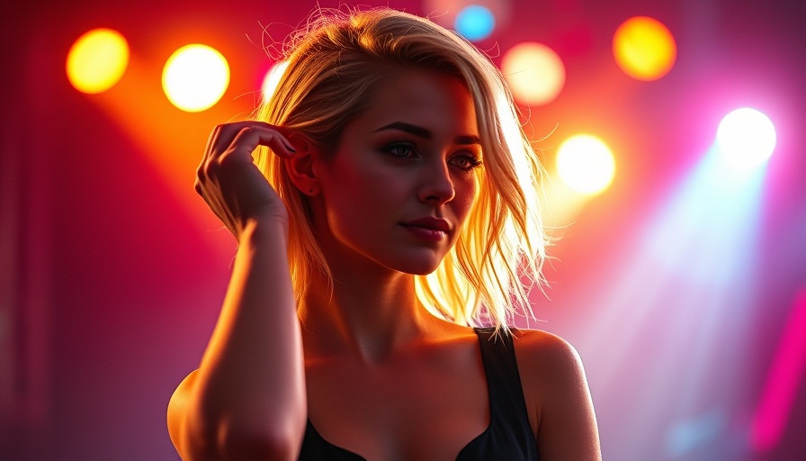 Confident woman adjusting hair on stage, vibrant concert lights