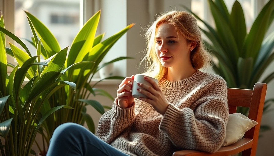 Cozy winter morning routine with coffee in serene garden setting.