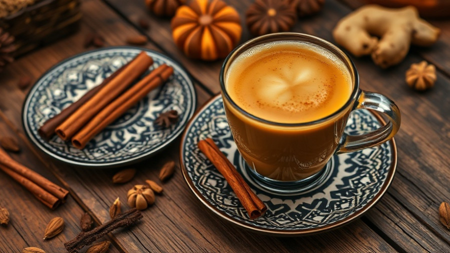 Creamy Cashew Masala Chai Latte with spices on a rustic table.
