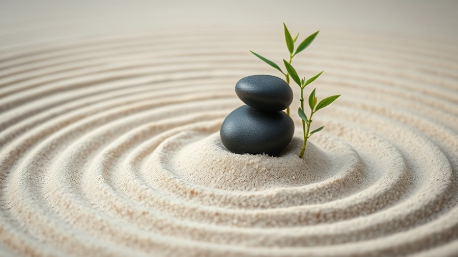 Zen sand garden with black stone and bamboo sprout, symbolizing health and wellness in oncology.
