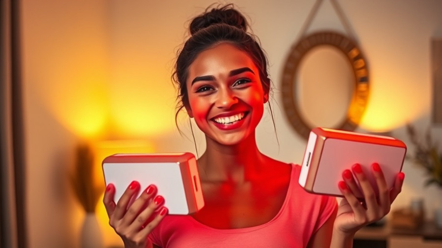 Woman demonstrating home red light therapy equipment inside.