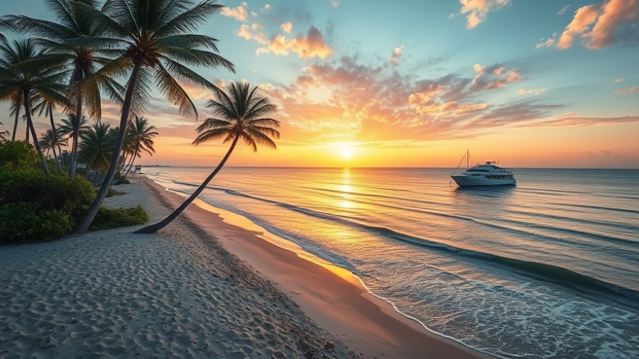 Beach sunset with palm trees and ocean, serene view.