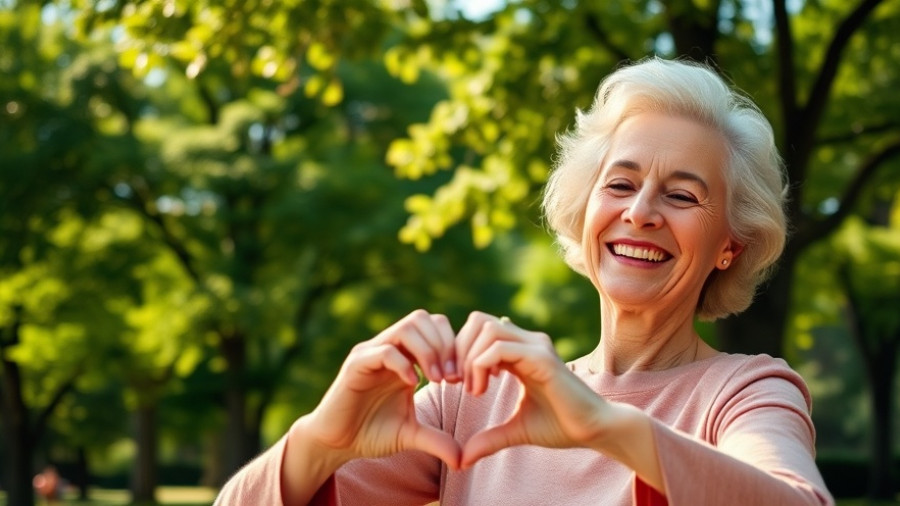 Older woman making heart shape outdoors, daily habits for well-being.