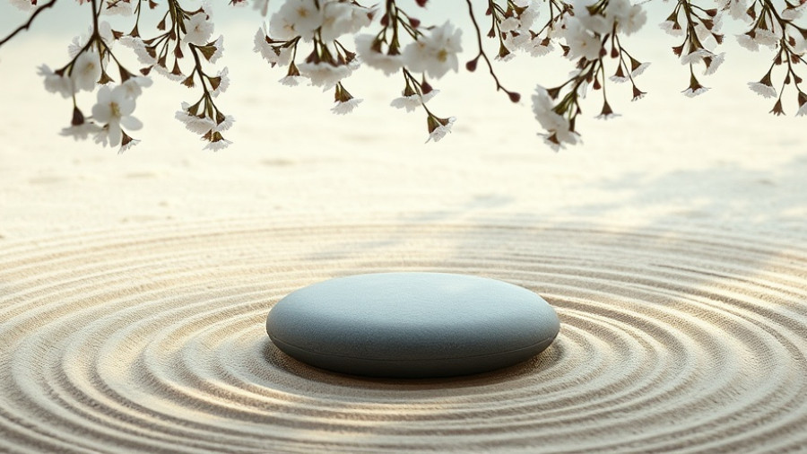 Serene zen garden scene with a stone and cherry blossoms.