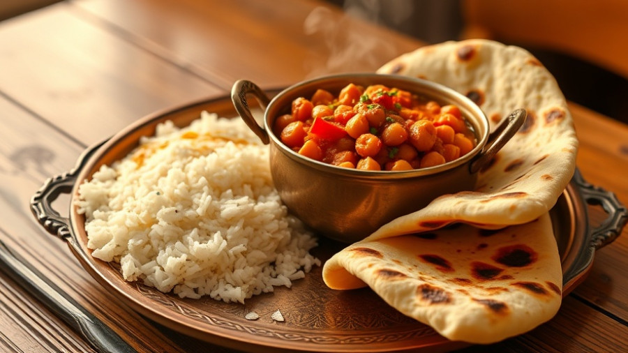Red Pepper and Chickpea Korma with naan and rice on copper tray.