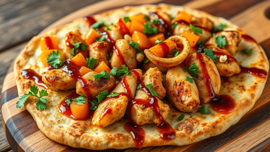 Deliciously garnished tandoori chicken flatbread sliced on a wooden board.