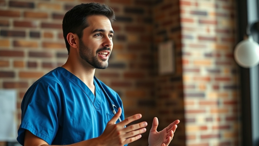 Man in blue medical scrubs expressing energetically against brick wall.