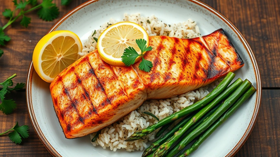 Salmon dish with rice and asparagus; food sequencing for health.