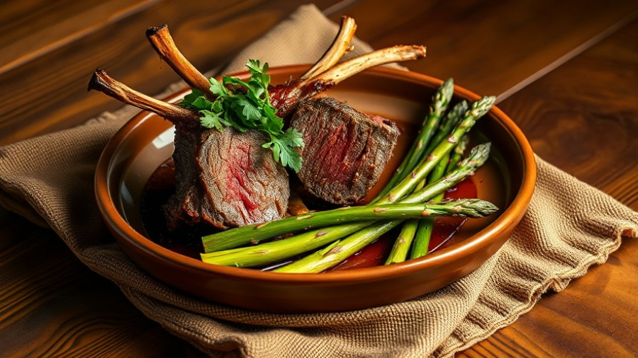 Roasted Venison Rack on rustic plate with greens and asparagus.