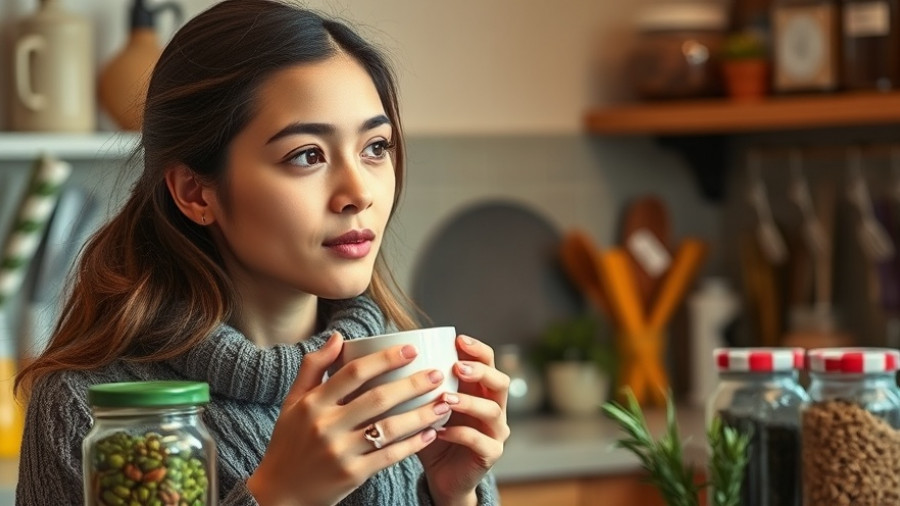 Young woman savoring herbal tea in cozy kitchen, health advice herbalism.