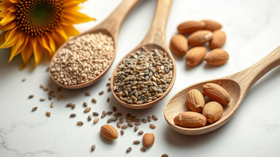 Wooden spoons with seeds and nuts for seed cycling, white background.