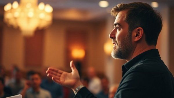 Engaging speaker presenting at a conference, helping children overcome anxiety.