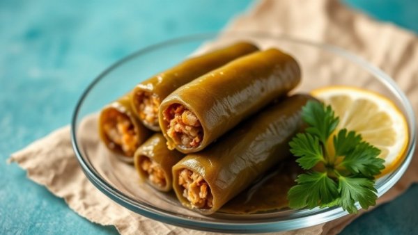 Stuffed grape leaves with lemon and parsley on a plate.
