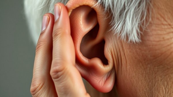 Close-up of older person's ear with hand cupped, hearing loss concept.
