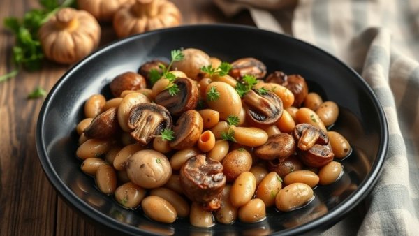 Cannellini beans with wild mushrooms elegantly plated.