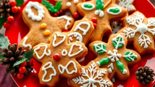 Healthy gingerbread cookies recipe on festive plate surrounded by holiday decor.