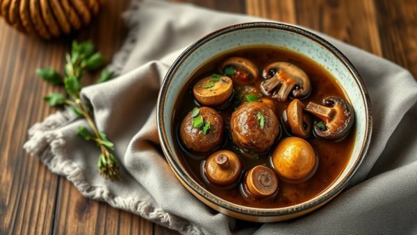 Savory elk meatball and wild mushroom stew garnished with herbs.