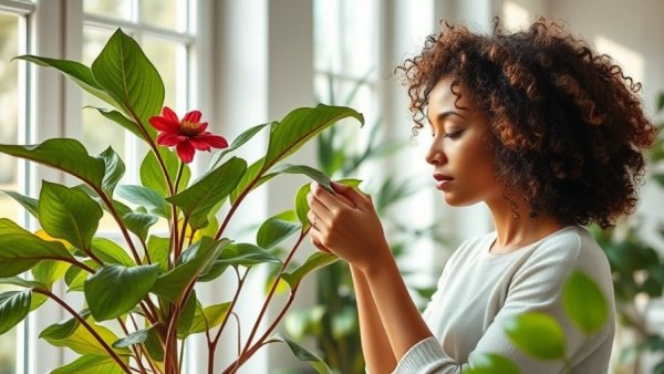 Woman practicing self-care during holidays by decorating a plant.