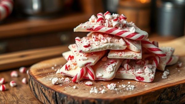 Easy peppermint bark recipe displayed on a rustic board, topped with candy canes.