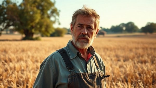 Contemplative farmer in sunlit field highlighting mental health stressors
