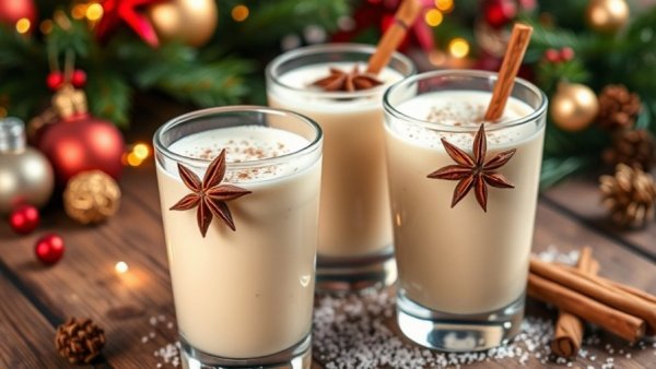 Festive eggnog protein shake recipe with holiday decor.